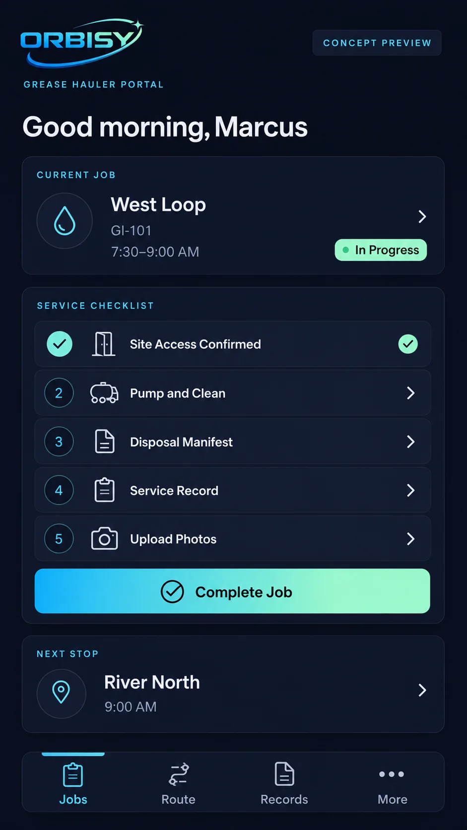 Mobile concept design showing a grease-hauler service checklist and required job evidence
