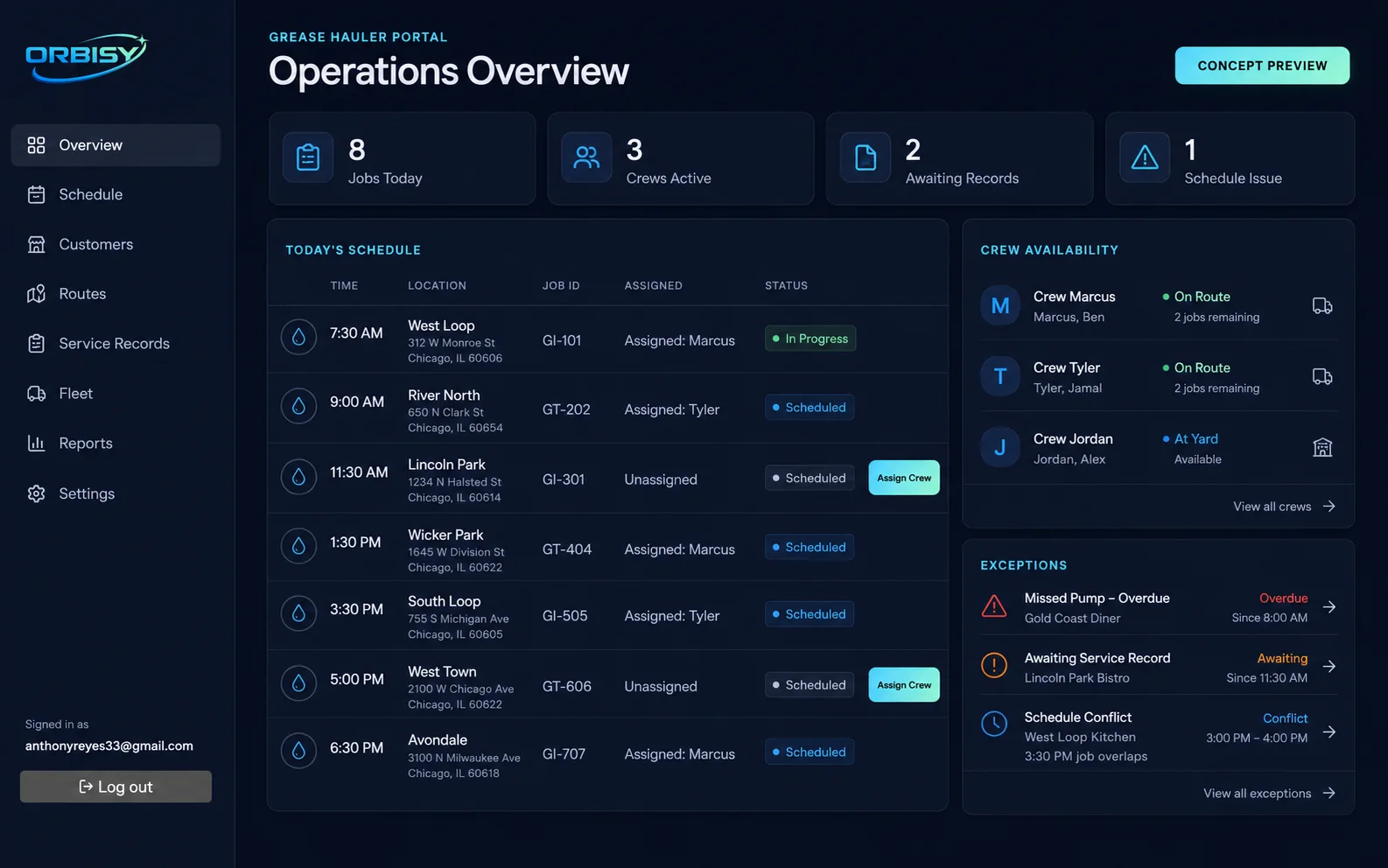 Concept design showing grease-hauler schedules, crews, records, and operational exceptions