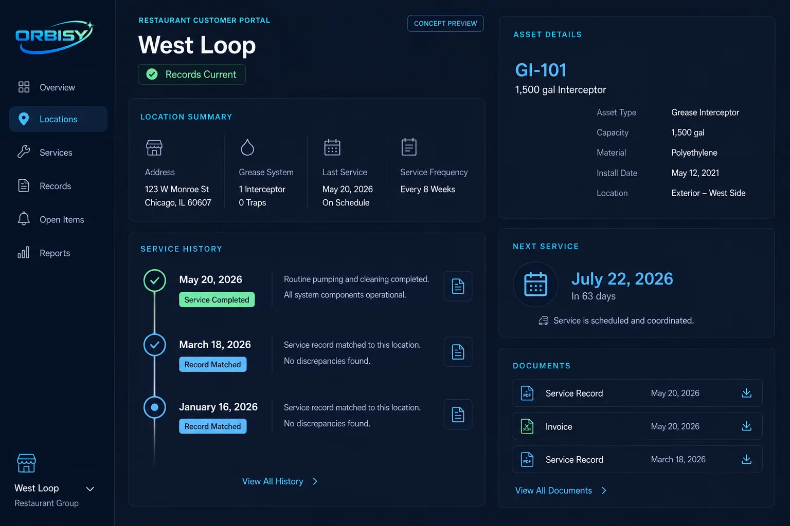 Concept design showing a restaurant location's service history, asset details, documents, and upcoming service